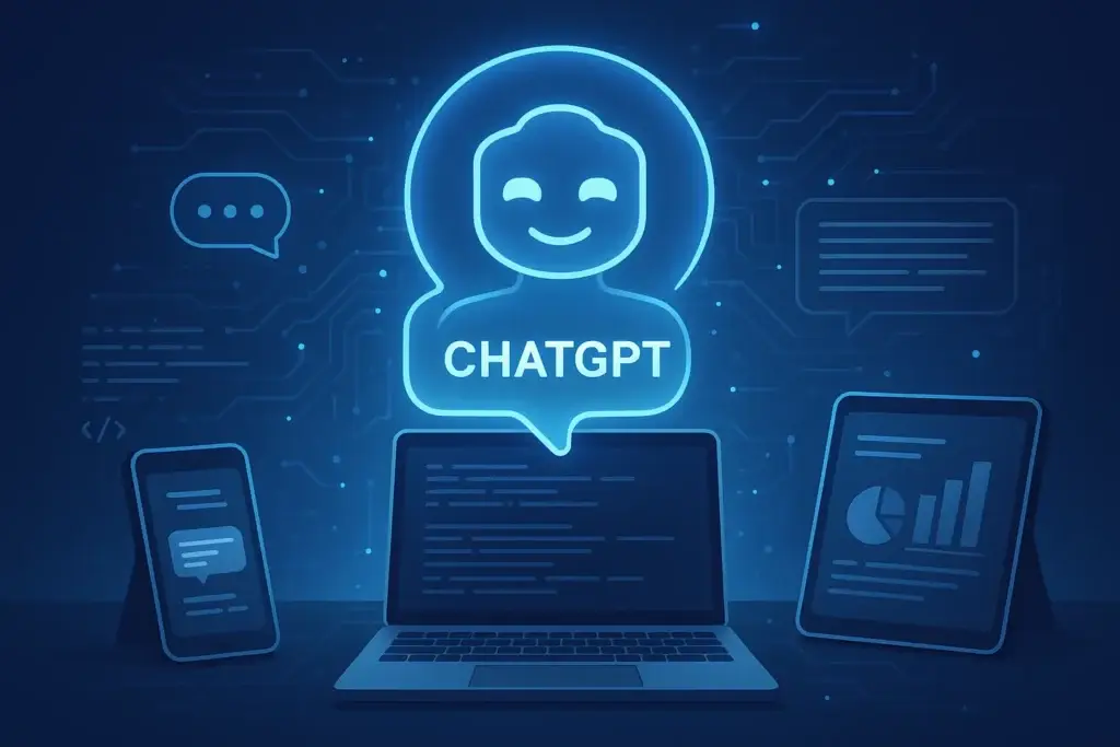 Ilustração digital de um assistente virtual alimentado por IA, representando o ChatGPT, em um ambiente futurista com dispositivos inteligentes conectados