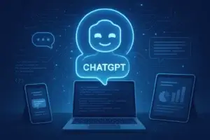 Ilustração digital de um assistente virtual alimentado por IA, representando o ChatGPT, em um ambiente futurista com dispositivos inteligentes conectados