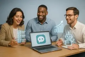 Profissionais usando IA para otimizar pauta e ata de reunião, hologramas de checklist e gráfico ao fundo.