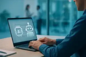 Profissional de escritório digitando em notebook; na tela, ícones nítidos de IA sobre editor de texto, simbolizando geração de conteúdo interno com inteligência artificial.