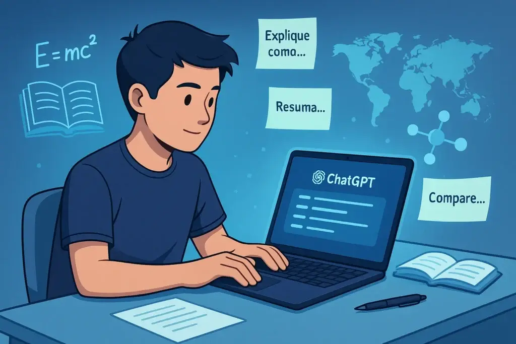 Estudante usando ChatGPT com elementos educacionais flutuantes ao redor em forma de hologramas.