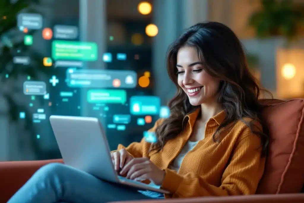 Mulher jovem usando um laptop para criar conta no ChatGPT, com ícones de mensagens digitais ao fundo.