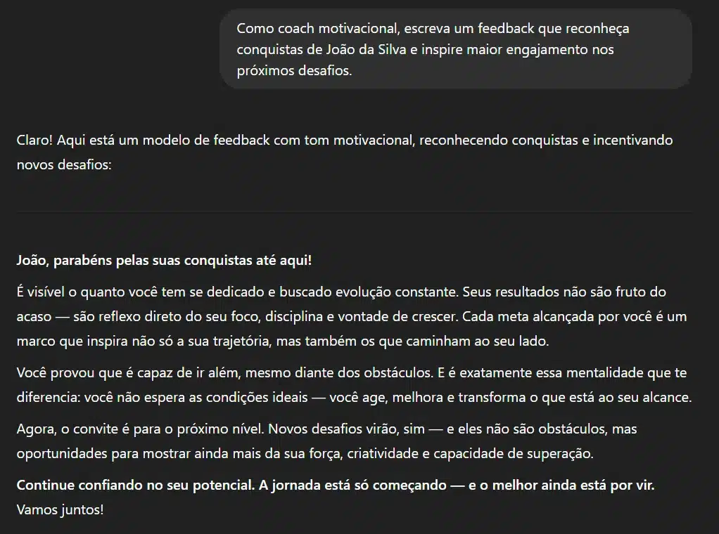 Exemplo de prompt para feedback no ChatGPT.