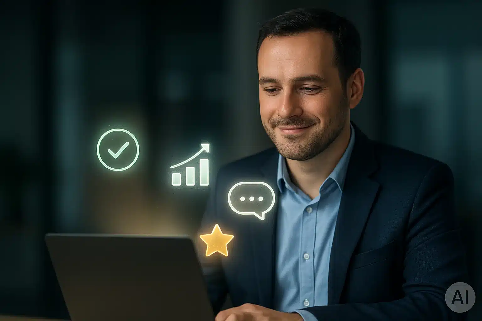 Profissional satisfeito diante do notebook, com ícones luminosos de check, gráfico em alta, balão de fala e estrela representando feedback positivo impulsionado por IA.
