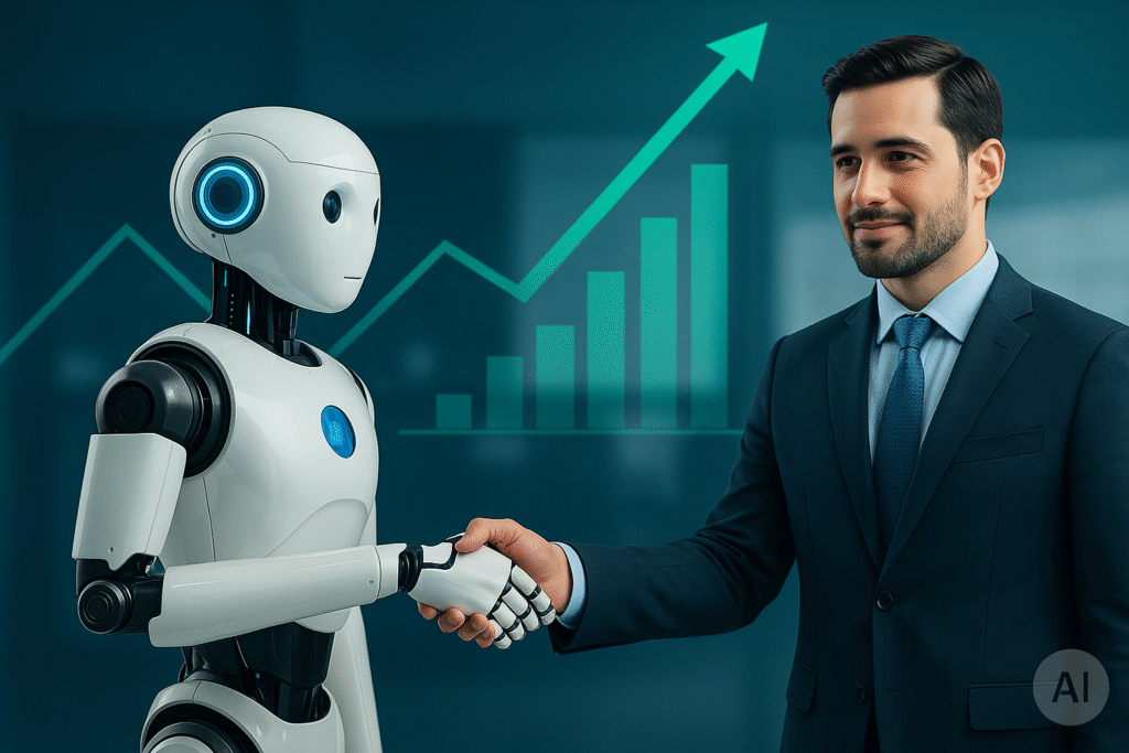 Executivo aperta a mão de robô diante de gráfico de crescimento, representando eficiência da inteligência artificial em vendas corporativas.