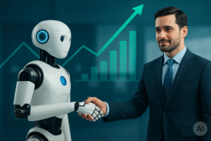 Executivo aperta a mão de robô diante de gráfico de crescimento, representando eficiência da inteligência artificial em vendas corporativas.