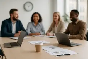 Mesa de reunião com laptops, papéis organizados e pessoas desfocadas ao fundo em um escritório moderno e iluminado.
