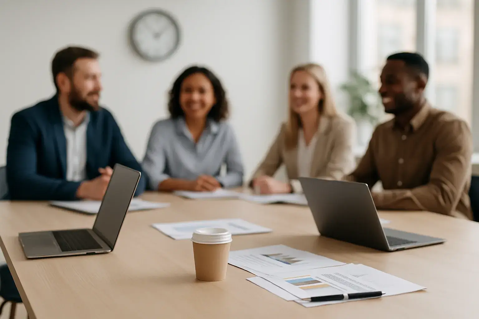 Mesa de reunião com laptops, papéis organizados e pessoas desfocadas ao fundo em um escritório moderno e iluminado.