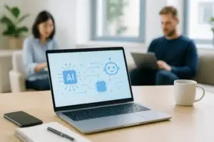 Mesa com notebook, smartphone e café, ambiente moderno, simbolizando uso acessível de IA.
