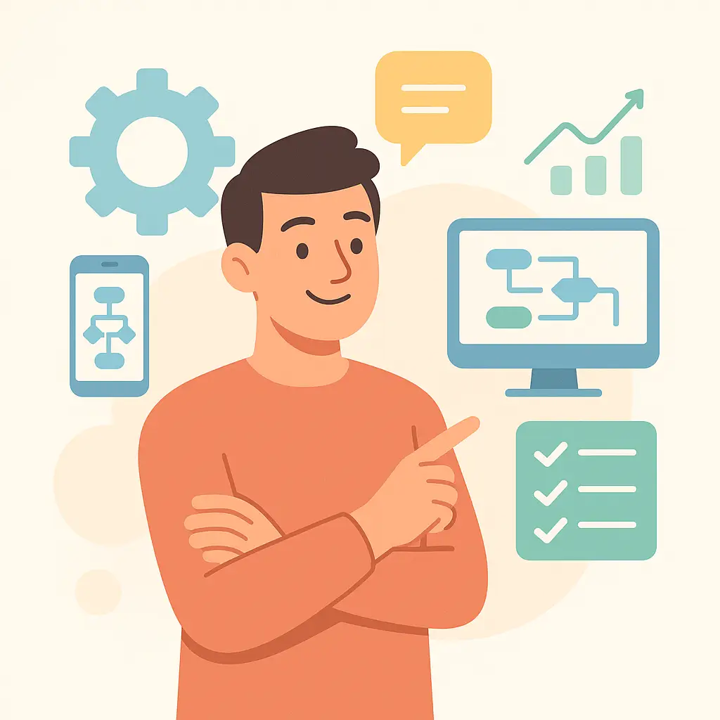 Pessoa sorridente interagindo com elementos visuais de IA como engrenagens, checklists e fluxogramas.