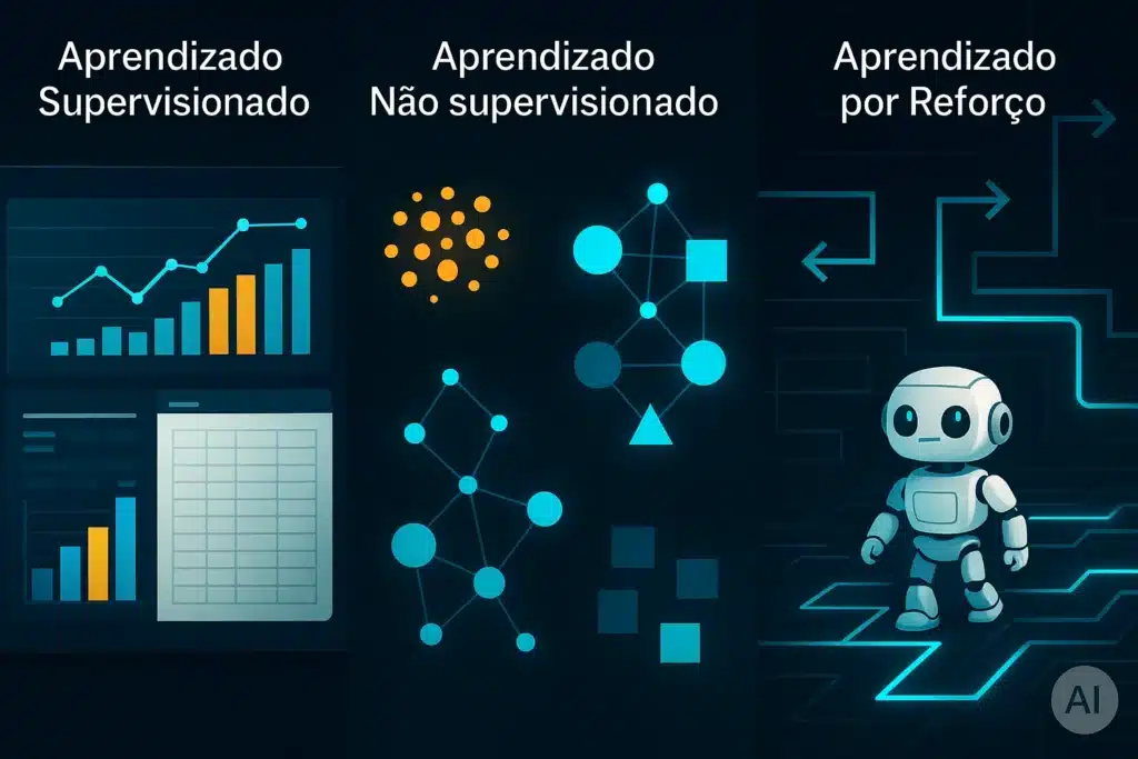 Programador diante de código clássico à esquerda e de visualizações de Machine Learning à direita, conectados por luz ciano em cenário escuro de alta tecnologia.