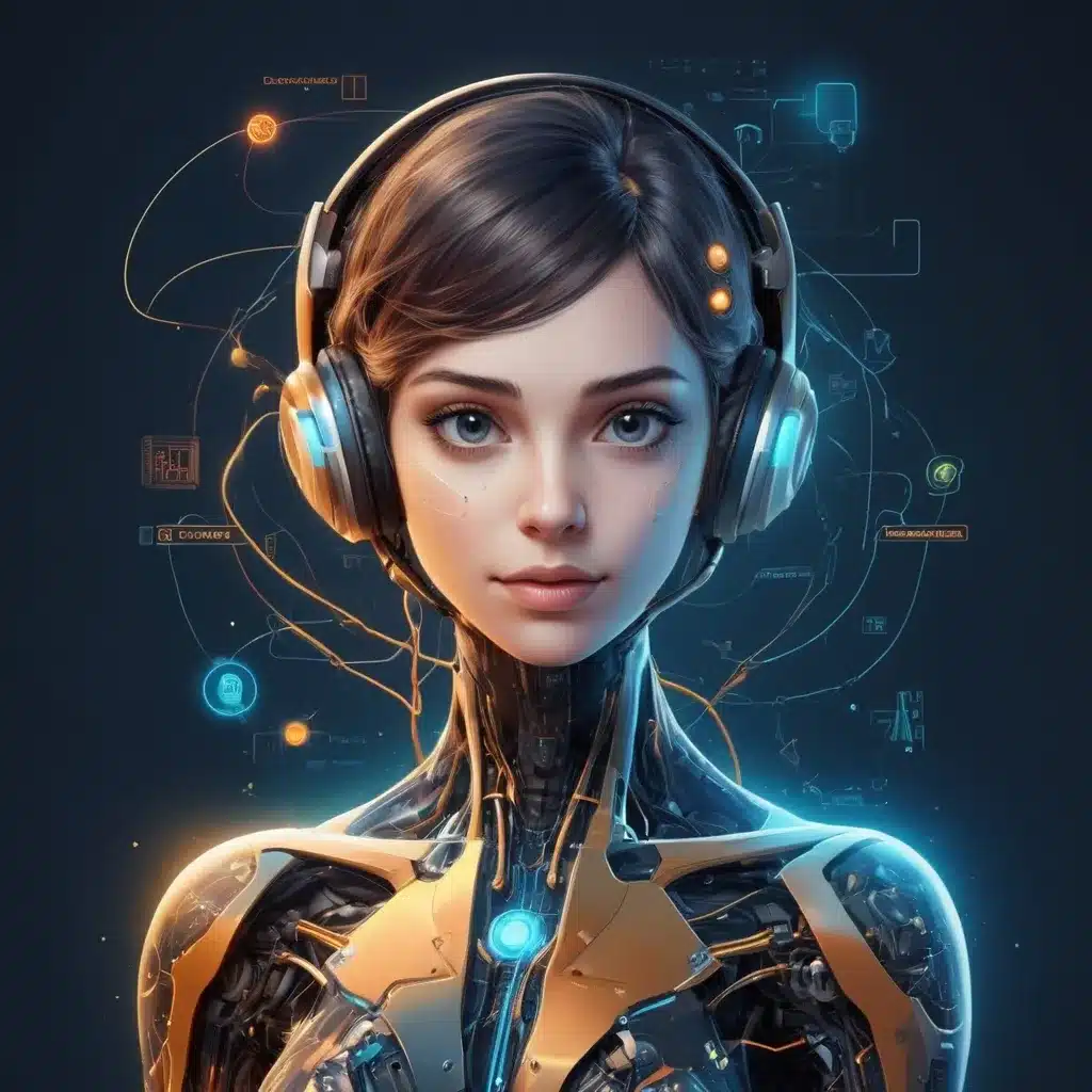 Retrato ilustrado de androide feminina com fones de ouvido, circuitos expostos e interface holográfica — identidade visual do blog Just Do AI.