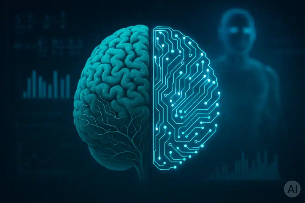 Cérebro dividido entre conexões neurais humanas e circuitos digitais, com gráficos e holograma de robô futurista ao fundo, representando a evolução da inteligência artificial.