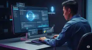 Profissional concentrado em frente a um computador exibindo a interface do Claude AI em um escritório futurista escuro, com hologramas representando funcionalidades da IA e iluminação neon azul e roxa.