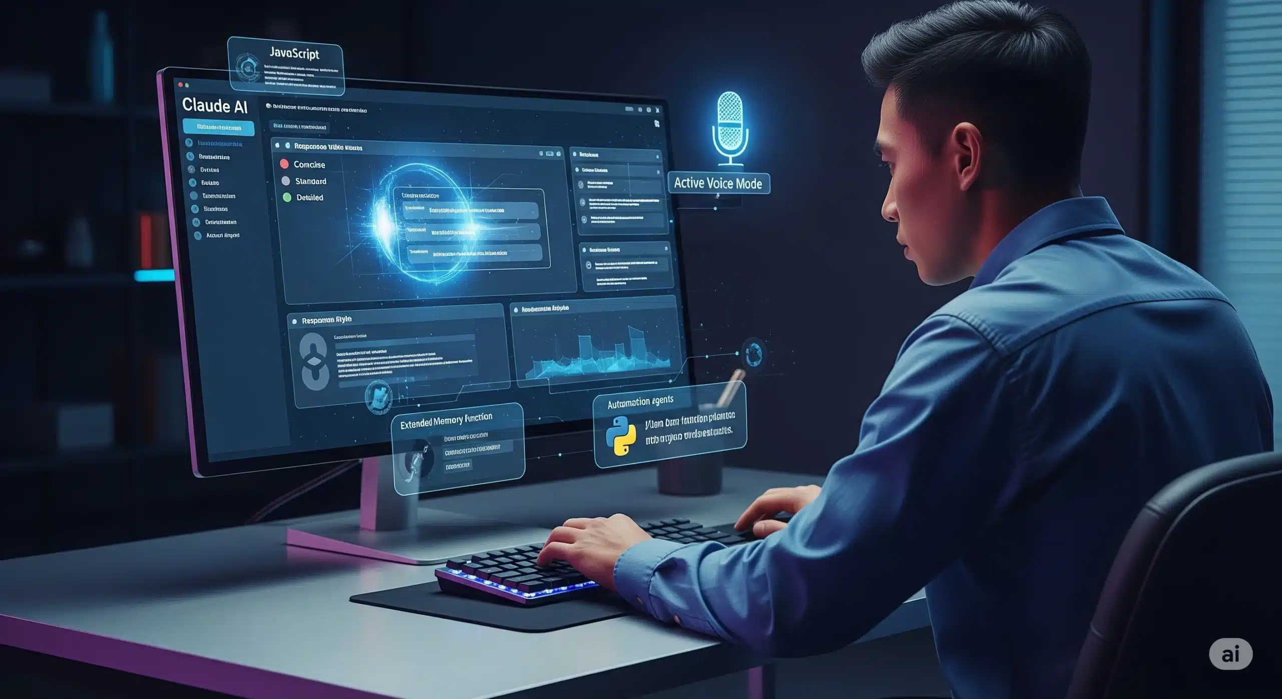 Profissional concentrado em frente a um computador exibindo a interface do Claude AI em um escritório futurista escuro, com hologramas representando funcionalidades da IA e iluminação neon azul e roxa.