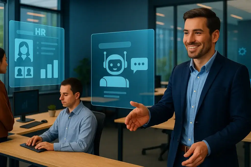 Homem sorridente em escritório moderno interagindo com holograma de chatbot, ao lado de colaboradores utilizando sistemas de IA para gestão de RH.