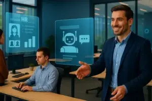 Homem sorridente em escritório moderno interagindo com holograma de chatbot, ao lado de colaboradores utilizando sistemas de IA para gestão de RH.