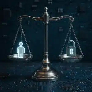 Balança metálica simbolizando responsabilidade e privacidade em IA sobre placa de circuito.