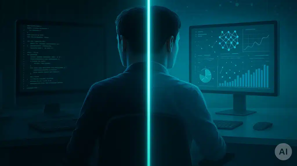 Programador diante de código clássico à esquerda e de visualizações de Machine Learning à direita, conectados por luz ciano em cenário escuro de alta tecnologia.