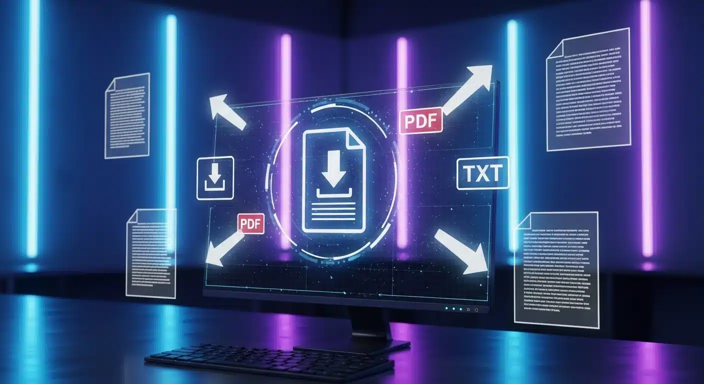 Ícones de download, PDF e TXT flutuando ao redor de documento holográfico em fundo escuro