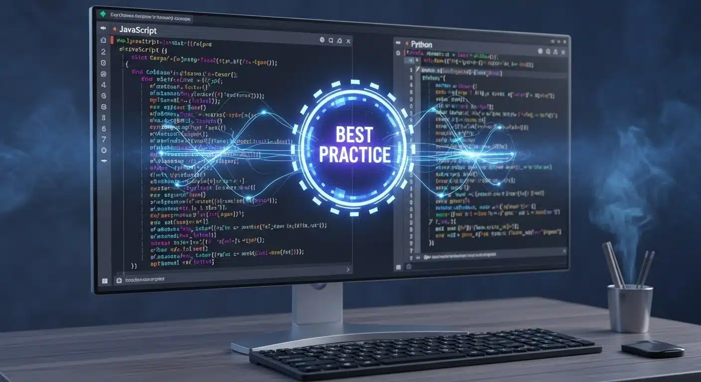Monitor holográfico exibindo código JavaScript e Python com selo de melhores práticas em fundo escuro
