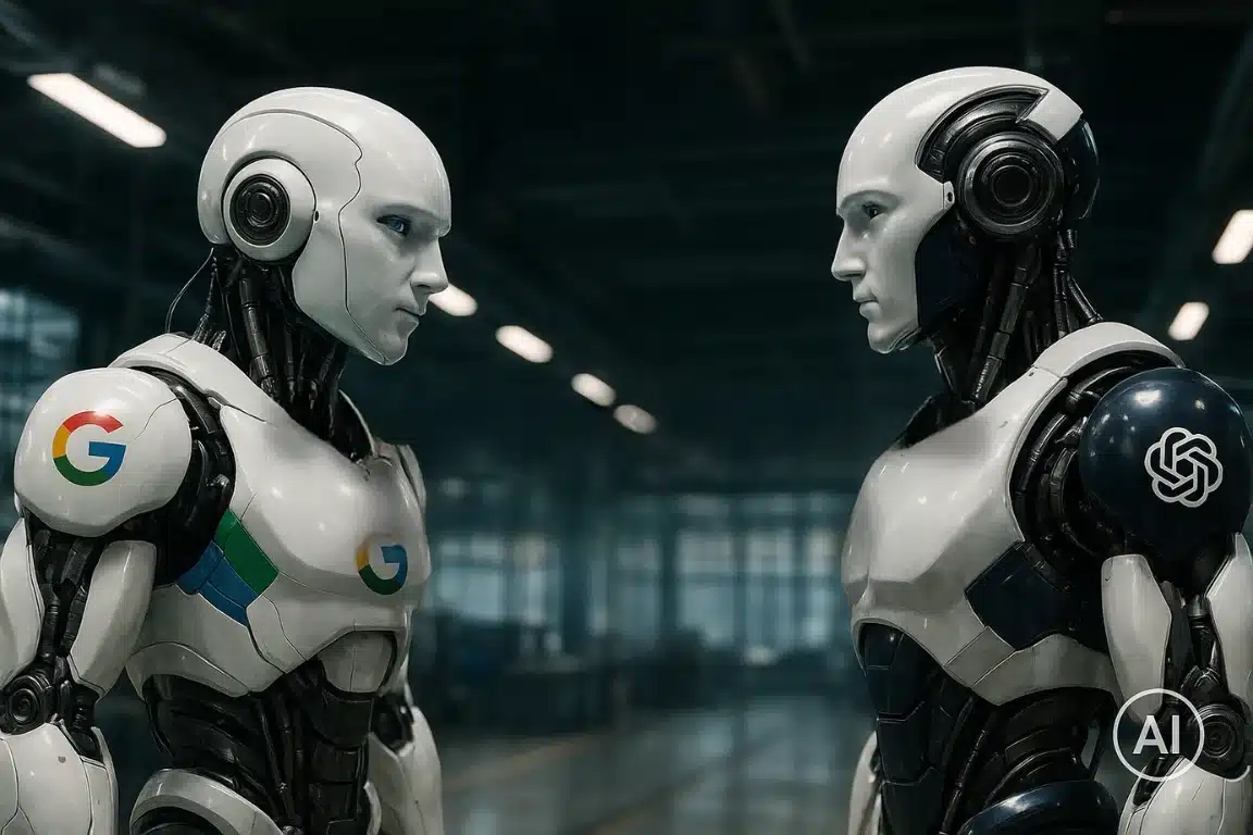 Fotografia realista de dois robôs humanoides de alta tecnologia encarando-se em um galpão industrial claro, sem nenhum texto ou marcações na imagem.