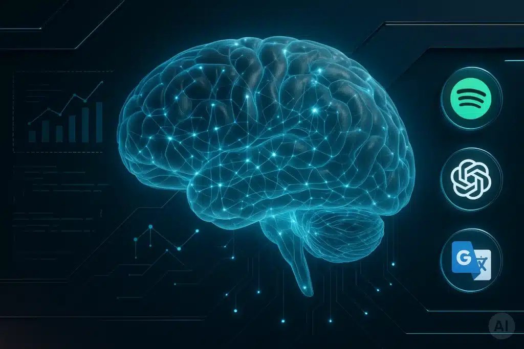 Ilustração de rede neural digital com aplicações práticas de IA no cotidiano.