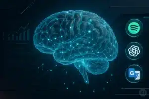 Ilustração de rede neural digital com aplicações práticas de IA no cotidiano.