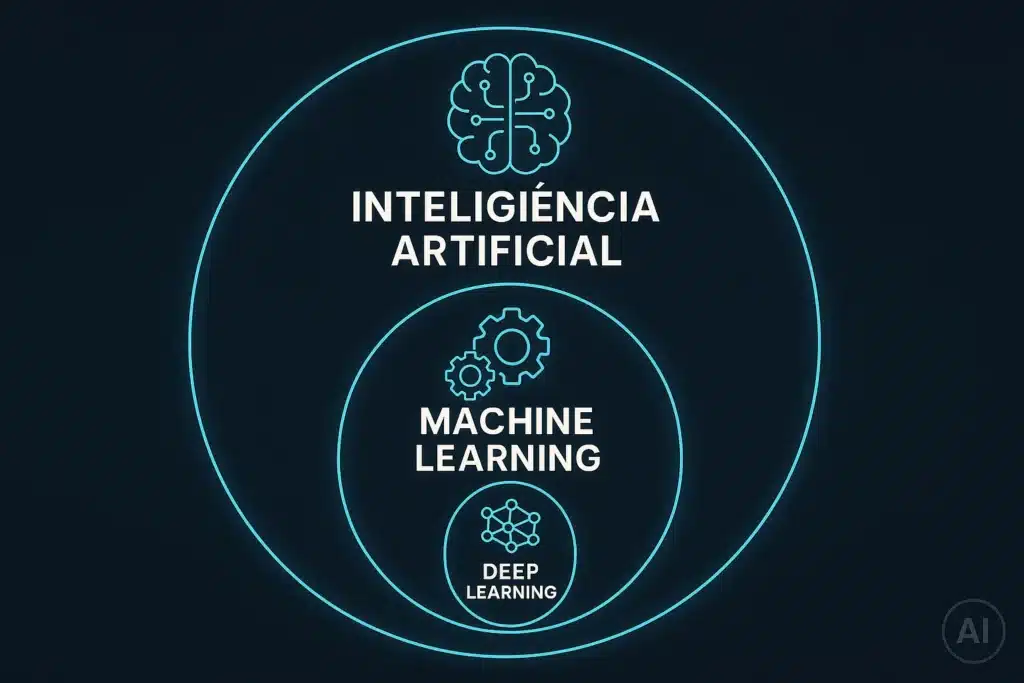 Diagrama hierárquico ilustrando IA, Machine Learning e Deep Learning em círculos concêntricos.