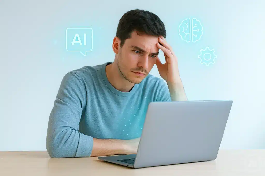 Jovem pensativo diante de laptop iluminado em azul-claro, rodeado por partículas e ícones de IA, simbolizando o uso do Magic Prompt.