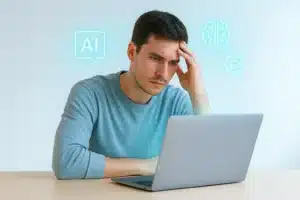 Jovem pensativo diante de laptop iluminado em azul-claro, rodeado por partículas e ícones de IA, simbolizando o uso do Magic Prompt.
