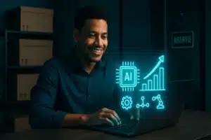 Empreendedor usa IA em pequeno negócio com holograma de gráficos de vendas em escritório moderno.