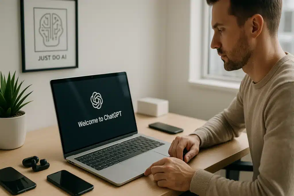 Mãos digitando prompts para ChatGPT em um laptop, com um copo de café ao lado, em ambiente de trabalho minimalista