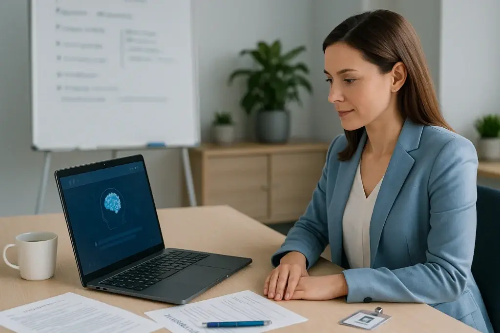 Profissional de RH usando notebook com interface de IA durante entrevistas de emprego
