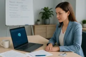 Profissional de RH usando notebook com interface de IA durante entrevistas de emprego