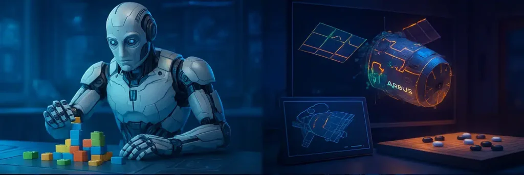 Colagem dividida em quatro quadrantes: (1) robô professor montando LEGO em mesa high-tech; (2) satélite Airbus com defeitos em neon em painel; (3) prateleiras Urban Outfitters com etiquetas holográficas; (4) servidores Vertex AI emitindo bolhas de luz como partículas cósmicas