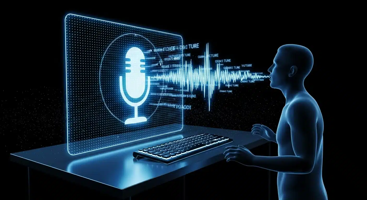 Ilustração de microfone holográfico convertendo voz em texto em ambiente escuro
