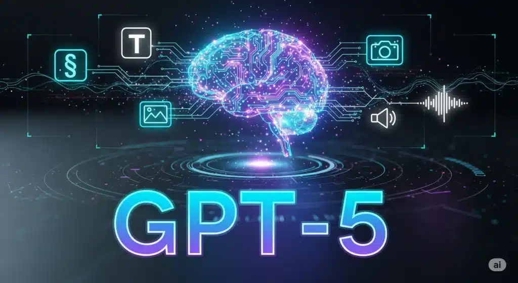 Ilustração digital futurista mostrando um cérebro tecnológico com circuitos luminosos, ícones de texto, imagem e áudio, e a palavra “GPT-5” em destaque, simbolizando inteligência artificial e inovação