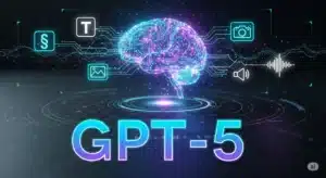 Ilustração digital futurista mostrando um cérebro tecnológico com circuitos luminosos, ícones de texto, imagem e áudio, e a palavra “GPT-5” em destaque, simbolizando inteligência artificial e inovação